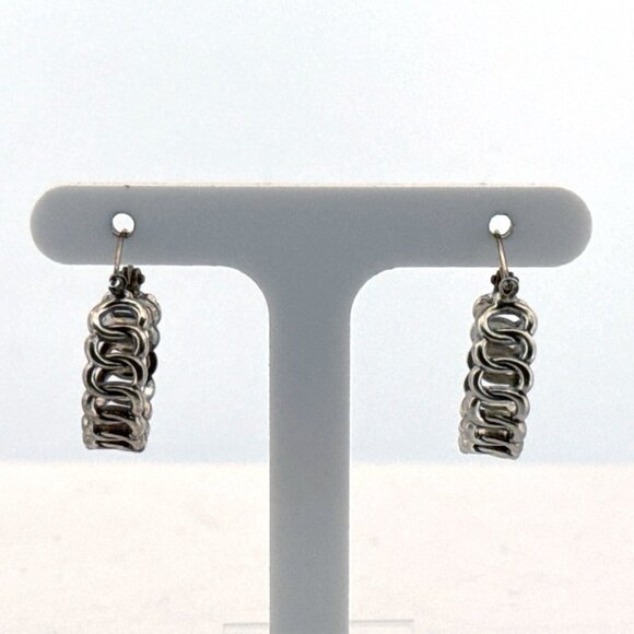 Estate Sterling Silver 925 Hoop Earrings Textured Links Design, 4.1g, Marked - Picture 3 of 8